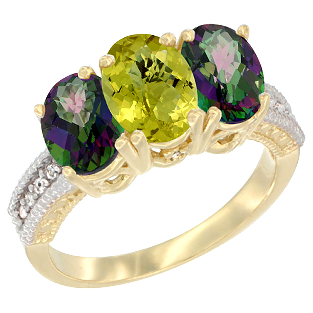 10K Yellow Gold Diamond Natural Lemon Quartz & Mystic Topaz Ring 3-Stone 7x5 mm Oval, sizes 5 - 10