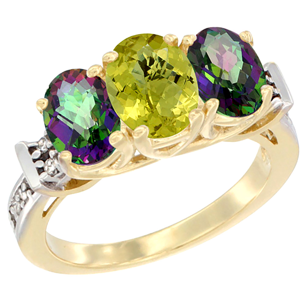 10K Yellow Gold Natural Lemon Quartz & Mystic Topaz Sides Ring 3-Stone Oval Diamond Accent, sizes 5 - 10