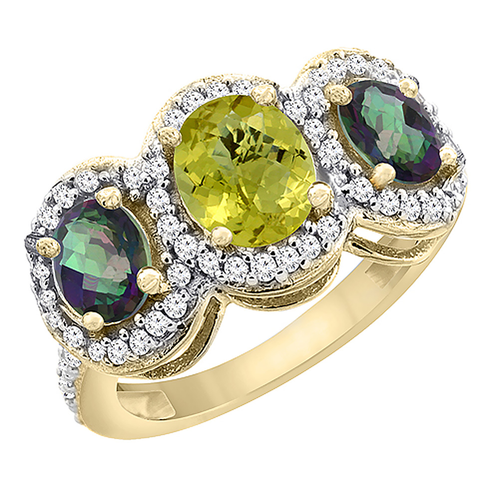 10K Yellow Gold Natural Lemon Quartz & Mystic Topaz 3-Stone Ring Oval Diamond Accent, sizes 5 - 10