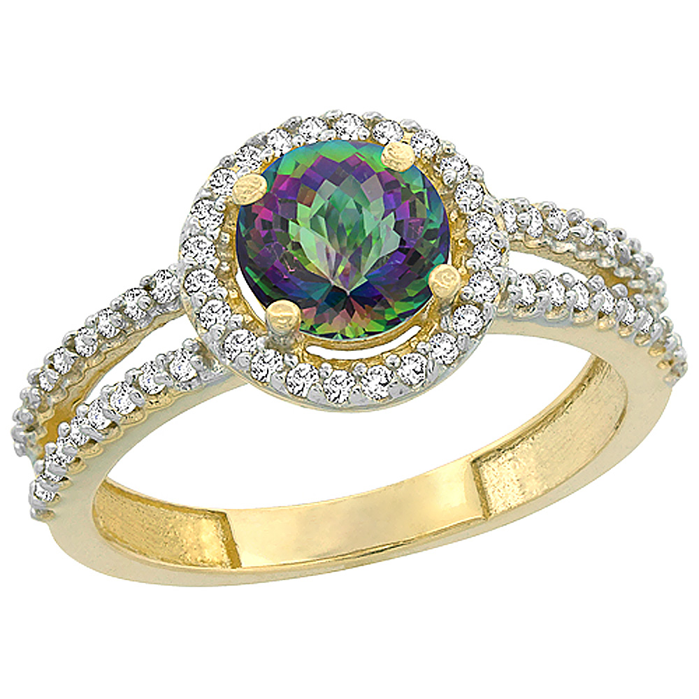 10K Yellow Gold Natural Mystic Topaz Diamond Halo Ring Round 6mm, sizes 5 - 10