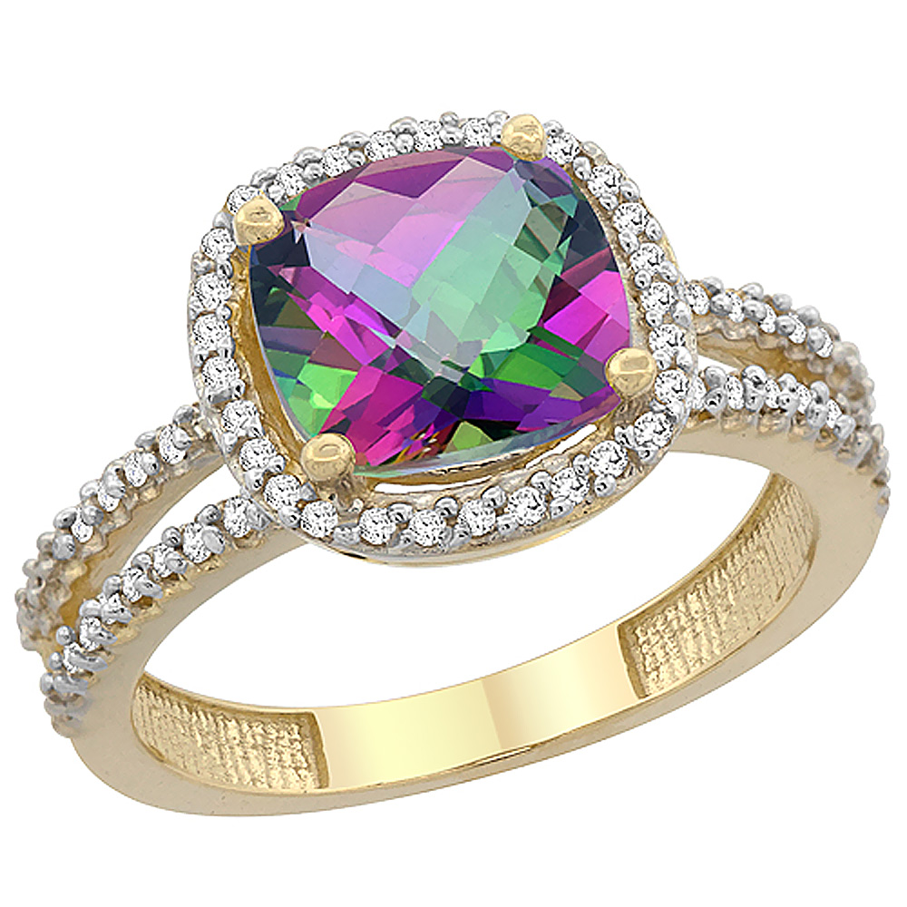 10K Yellow Gold Natural Mystic Topaz Ring Cushion-cut 8x8 mm 2-row Diamond Accents, sizes 5 - 10