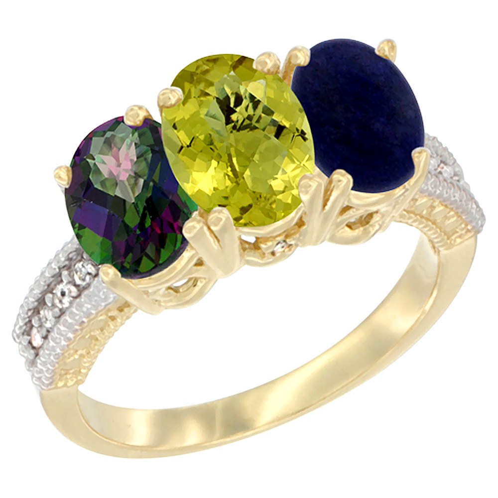 10K Yellow Gold Diamond Natural Mystic Topaz, Lemon Quartz & Lapis Ring 3-Stone 7x5 mm Oval, sizes 5 - 10