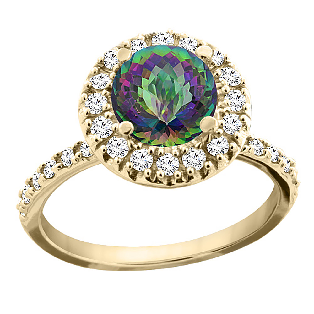 14K Yellow Gold Natural Mystic Topaz Ring Round 8mm Floating Halo Diamond, sizes 5 - 10