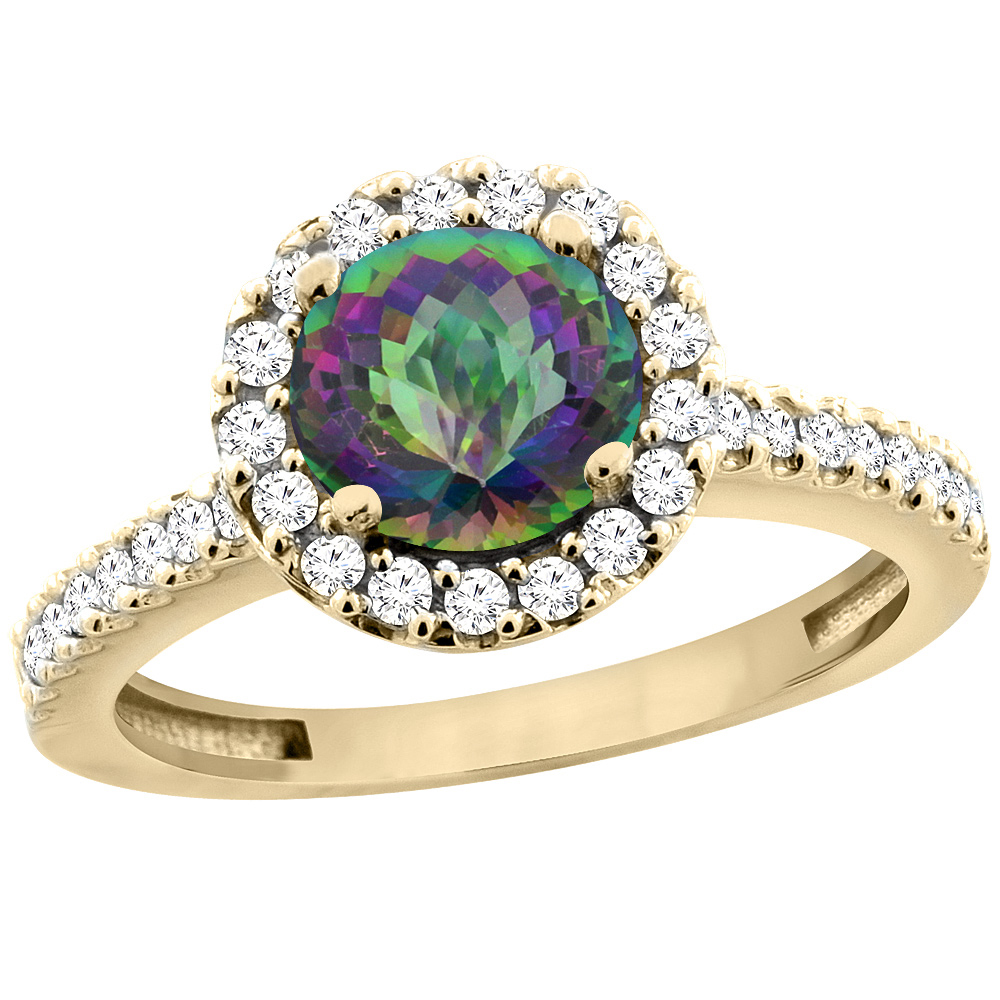 14K Yellow Gold Natural Mystic Topaz Ring Round 6mm Floating Halo Diamond, sizes 5 - 10