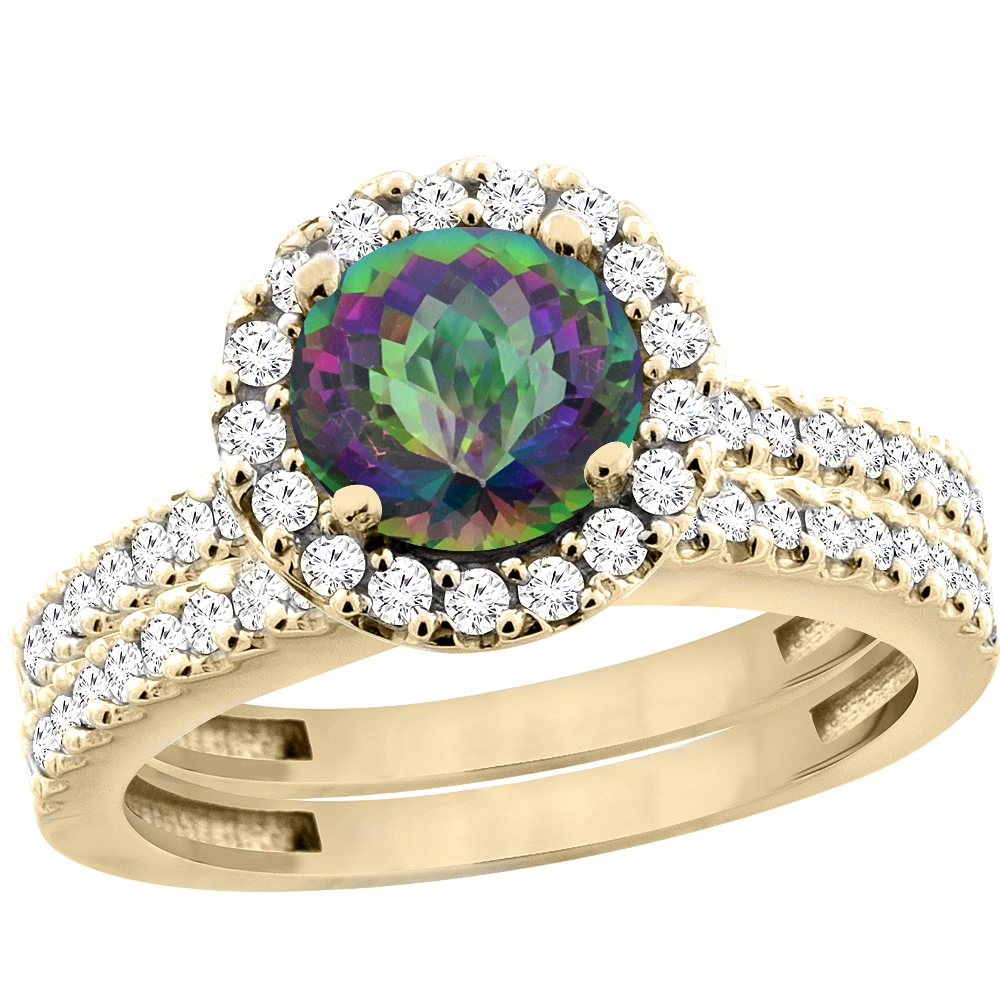 14K Yellow Gold Natural Mystic Topaz Round 6mm 2-Piece Engagement Ring Set Floating Halo Diamond, sizes 5 - 10