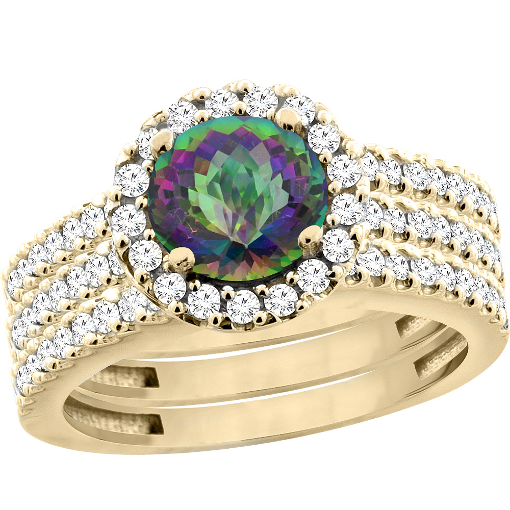 10K Yellow Gold Natural Mystic Topaz 3-Piece Bridal Ring Set Round 6mm Halo Diamond, sizes 5 - 10