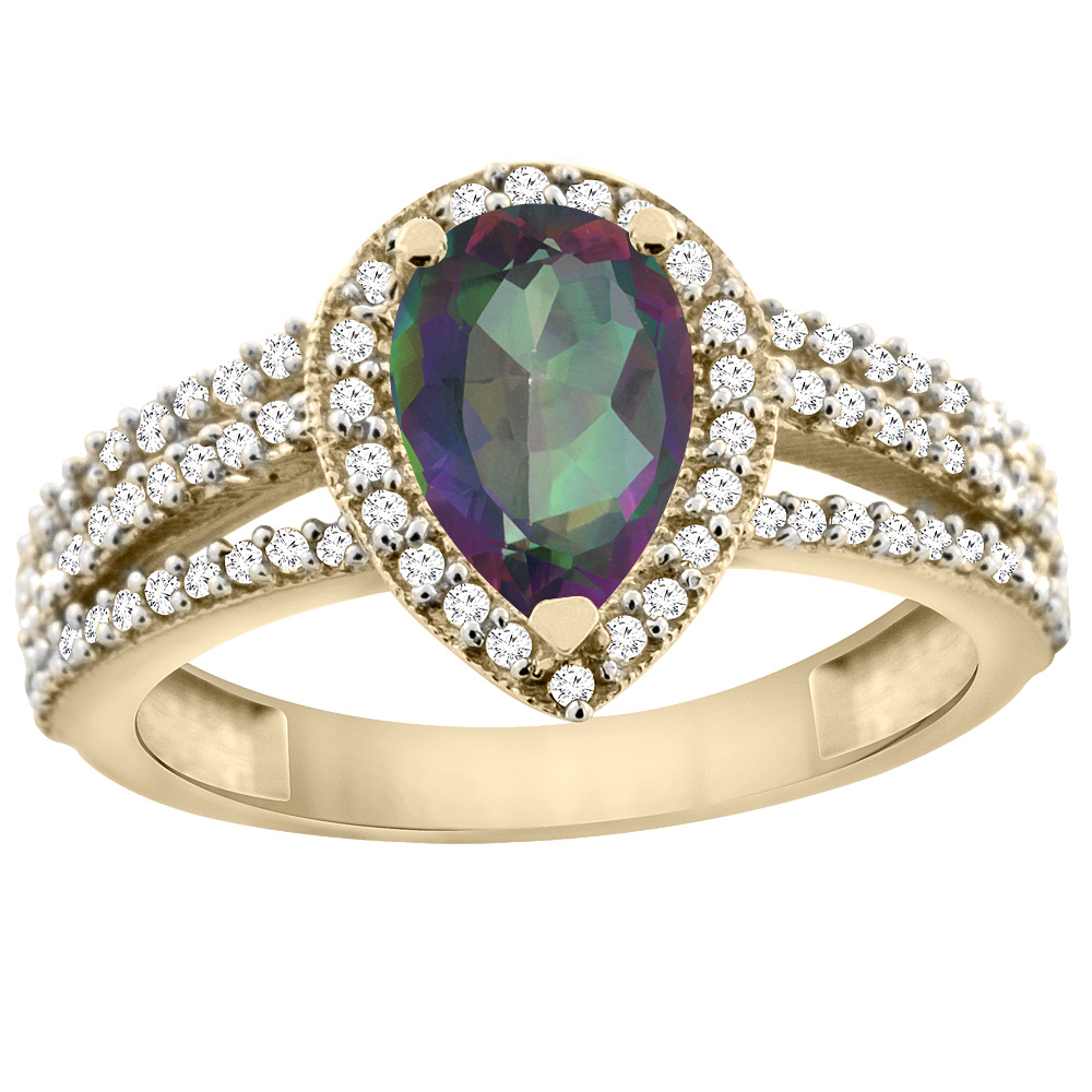 10K Yellow Gold Natural Mystic Topaz Ring 9x7 Pear Halo Diamond, sizes 5 - 10