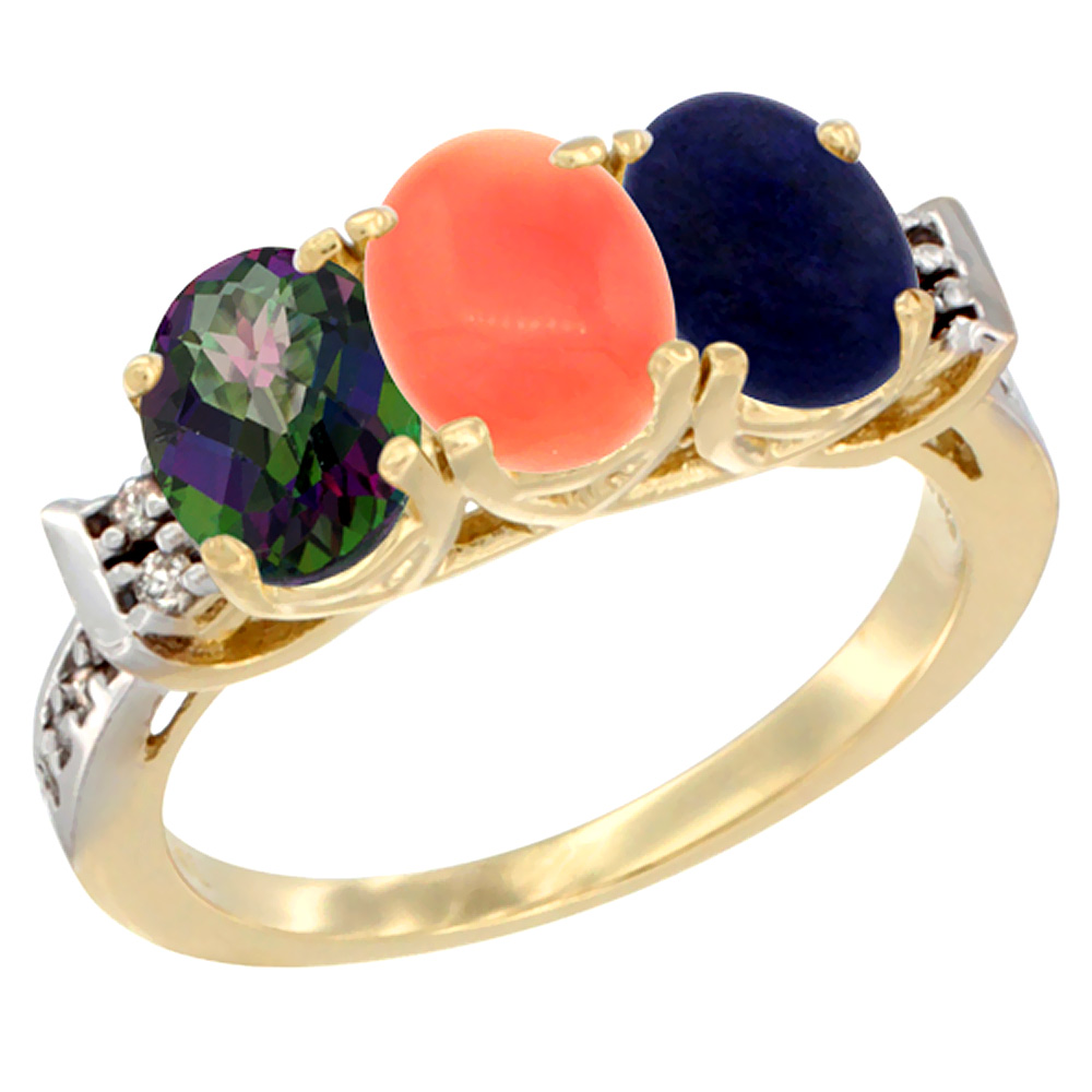 14K Yellow Gold Natural Mystic Topaz, Coral &amp; Lapis Ring 3-Stone 7x5 mm Oval Diamond Accent, sizes 5 - 10