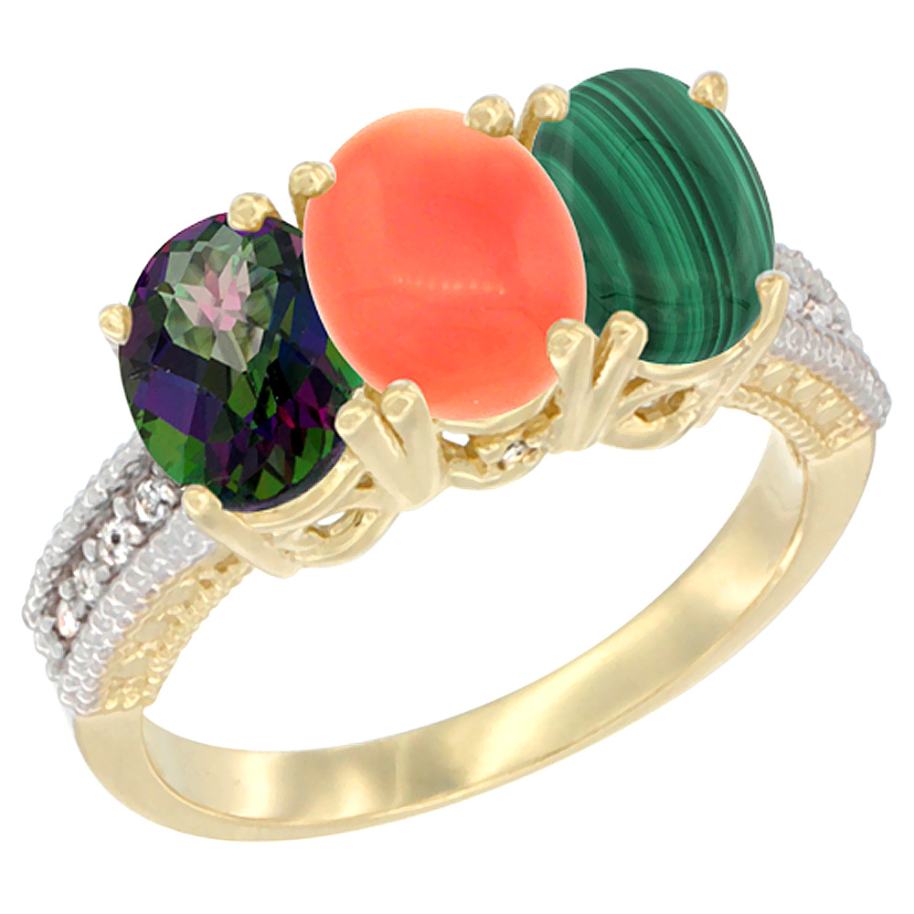 14K Yellow Gold Natural Mystic Topaz, Coral & Malachite Ring 3-Stone 7x5 mm Oval Diamond Accent, sizes 5 - 10