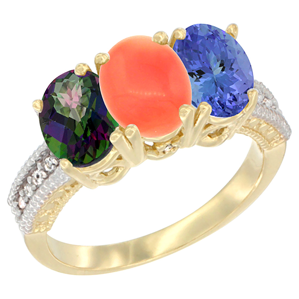 10K Yellow Gold Diamond Natural Mystic Topaz, Coral & Tanzanite Ring 3-Stone 7x5 mm Oval, sizes 5 - 10