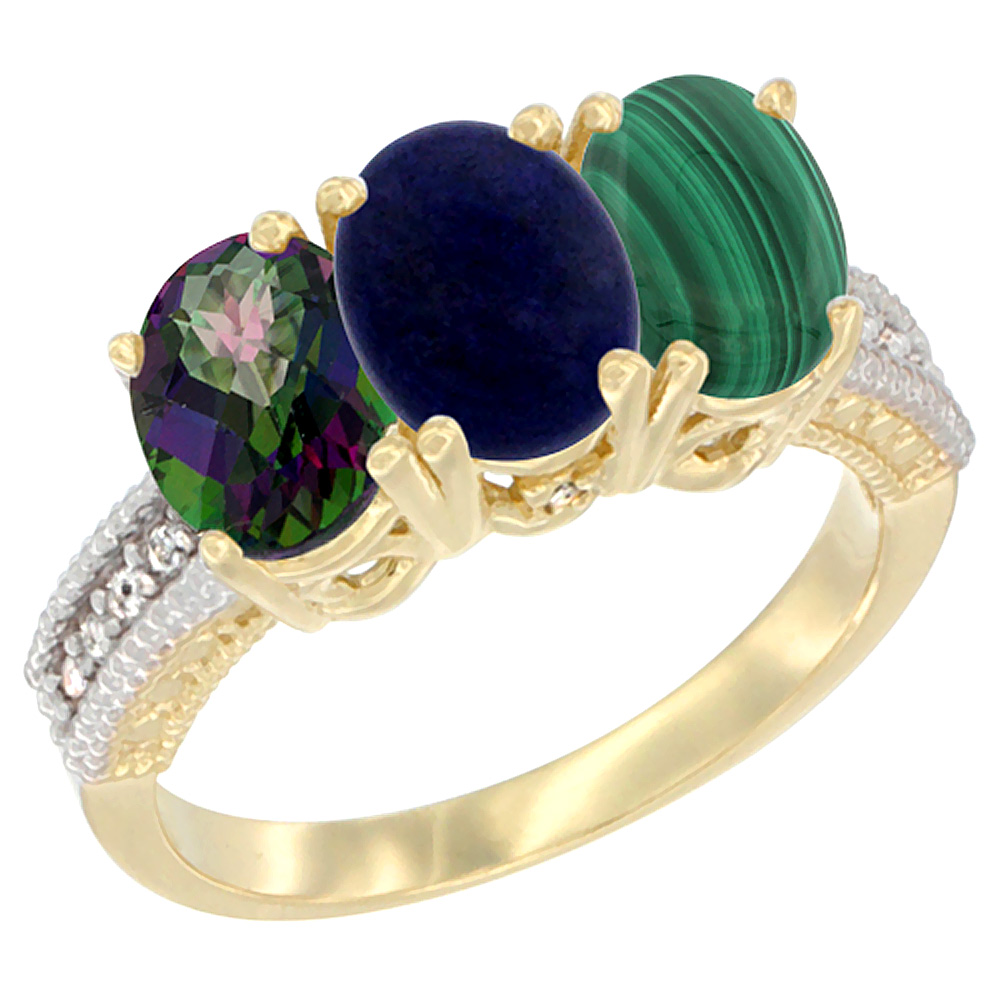 14K Yellow Gold Natural Mystic Topaz, Lapis & Malachite Ring 3-Stone 7x5 mm Oval Diamond Accent, sizes 5 - 10