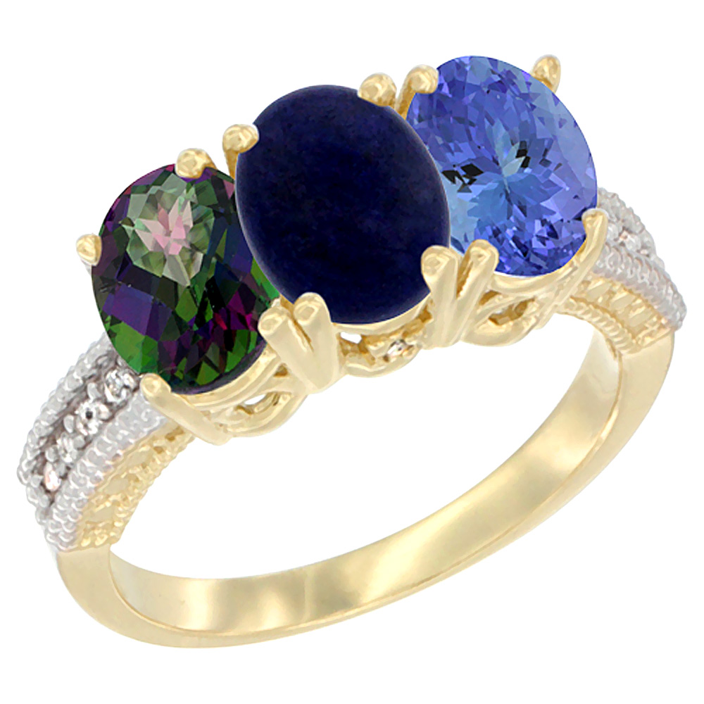 10K Yellow Gold Diamond Natural Mystic Topaz, Lapis & Tanzanite Ring 3-Stone 7x5 mm Oval, sizes 5 - 10