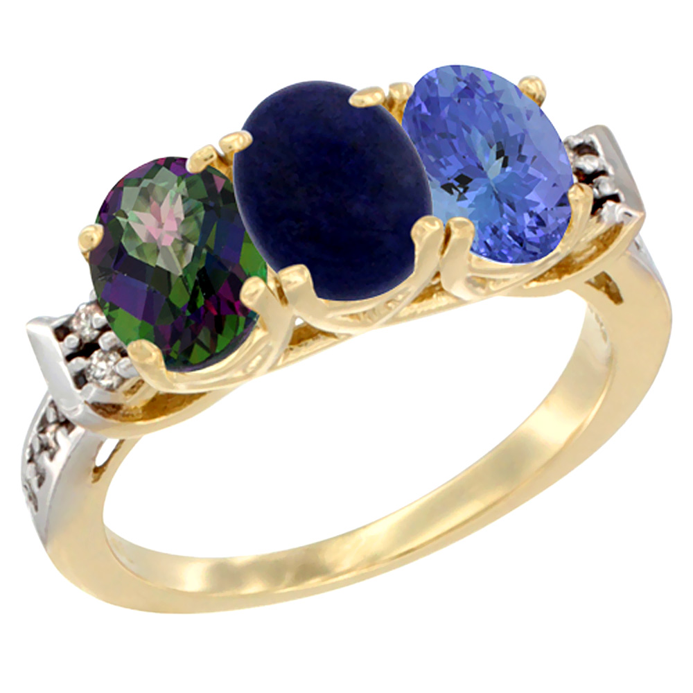 14K Yellow Gold Natural Mystic Topaz, Lapis & Tanzanite Ring 3-Stone 7x5 mm Oval Diamond Accent, sizes 5 - 10