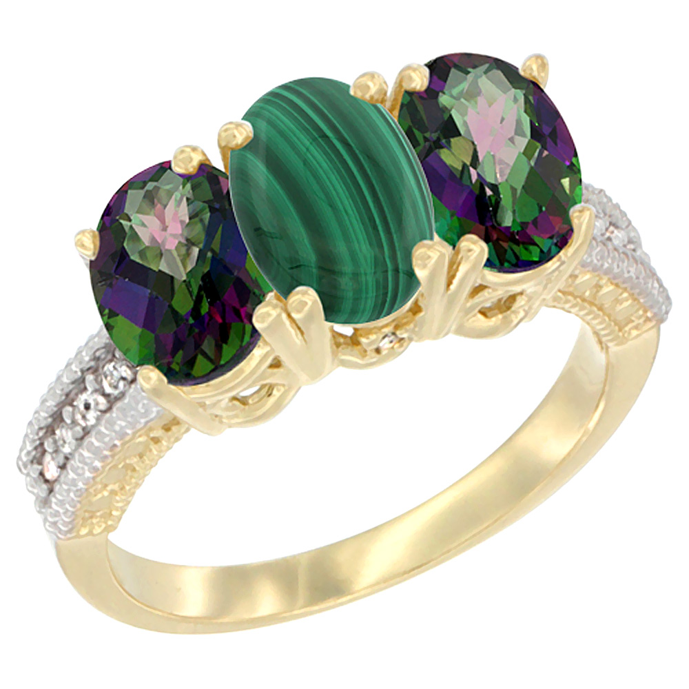 10K Yellow Gold Diamond Natural Malachite &amp; Mystic Topaz Ring 3-Stone 7x5 mm Oval, sizes 5 - 10