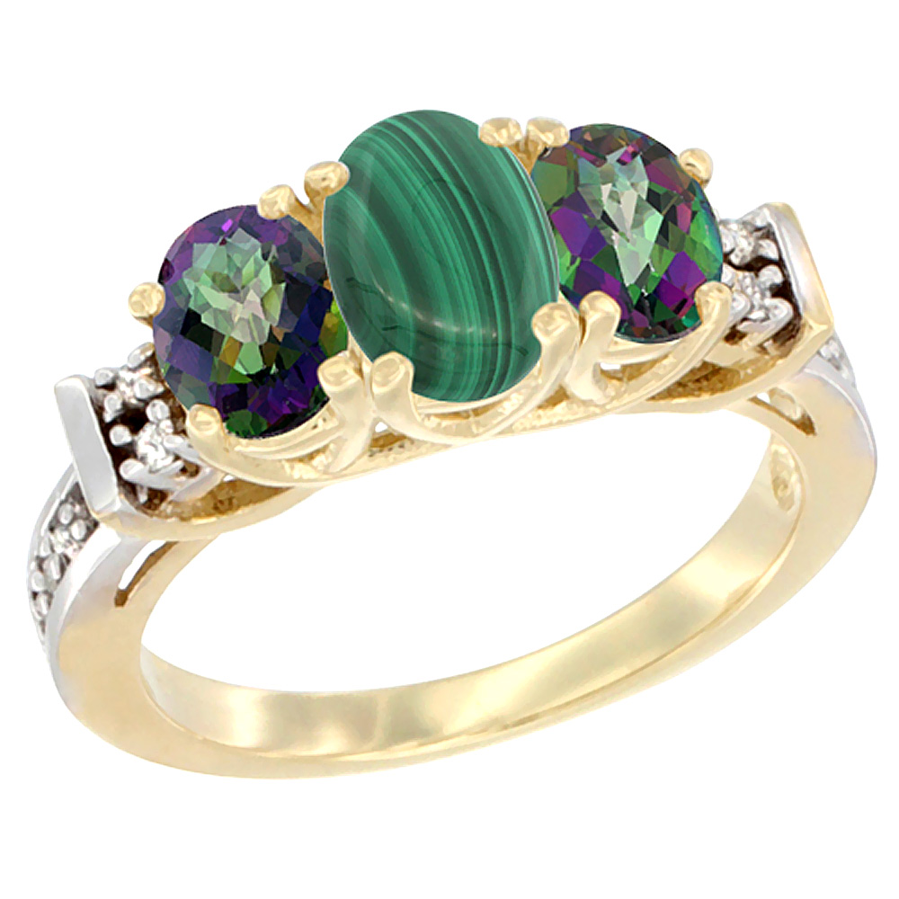 14K Yellow Gold Natural Malachite &amp; Mystic Topaz Ring 3-Stone Oval Diamond Accent