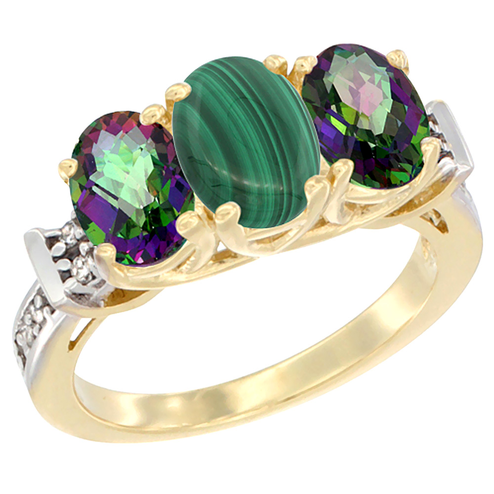 10K Yellow Gold Natural Malachite & Mystic Topaz Sides Ring 3-Stone Oval Diamond Accent, sizes 5 - 10