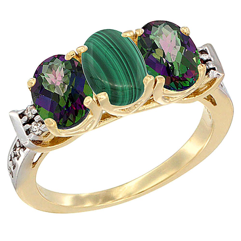 14K Yellow Gold Natural Malachite &amp; Mystic Topaz Sides Ring 3-Stone 7x5 mm Oval Diamond Accent, sizes 5 - 10