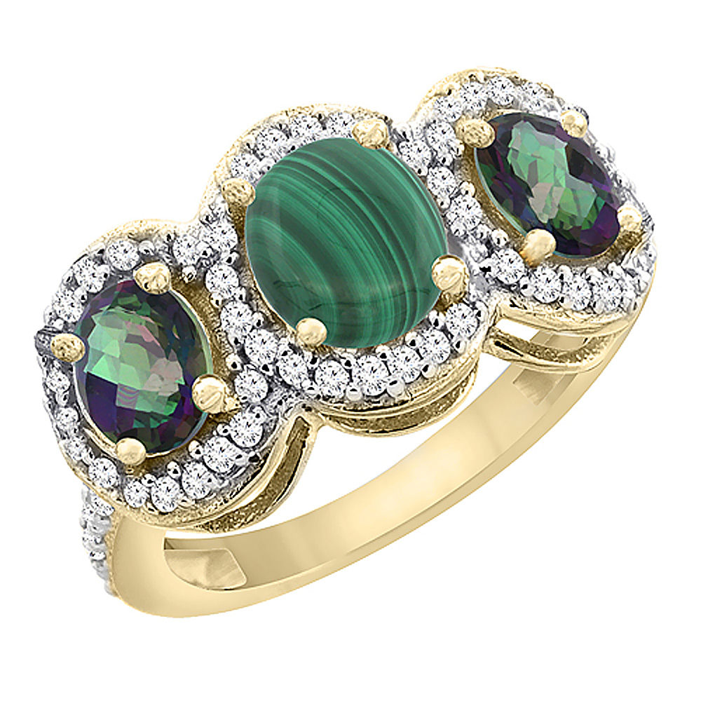 14K Yellow Gold Natural Malachite &amp; Mystic Topaz 3-Stone Ring Oval Diamond Accent, sizes 5 - 10