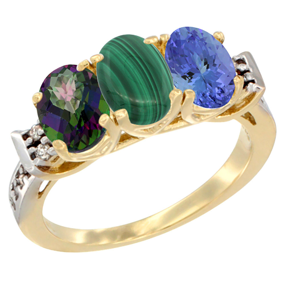 14K Yellow Gold Natural Mystic Topaz, Malachite & Tanzanite Ring 3-Stone 7x5 mm Oval Diamond Accent, sizes 5 - 10