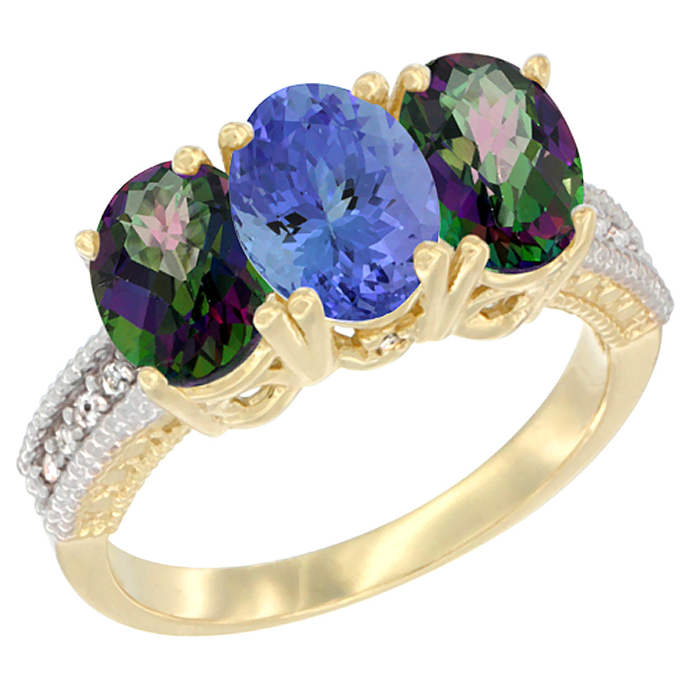 10K Yellow Gold Diamond Natural Tanzanite & Mystic Topaz Ring 3-Stone 7x5 mm Oval, sizes 5 - 10