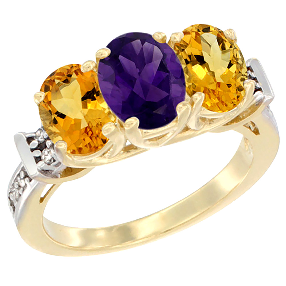 10K Yellow Gold Natural Amethyst &amp; Citrine Sides Ring 3-Stone Oval Diamond Accent, sizes 5 - 10