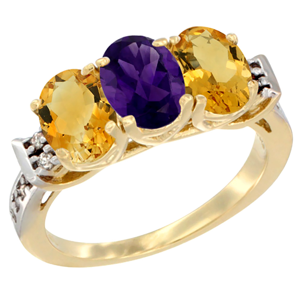 14K Yellow Gold Natural Amethyst & Citrine Sides Ring 3-Stone 7x5 mm Oval Diamond Accent, sizes 5 - 10