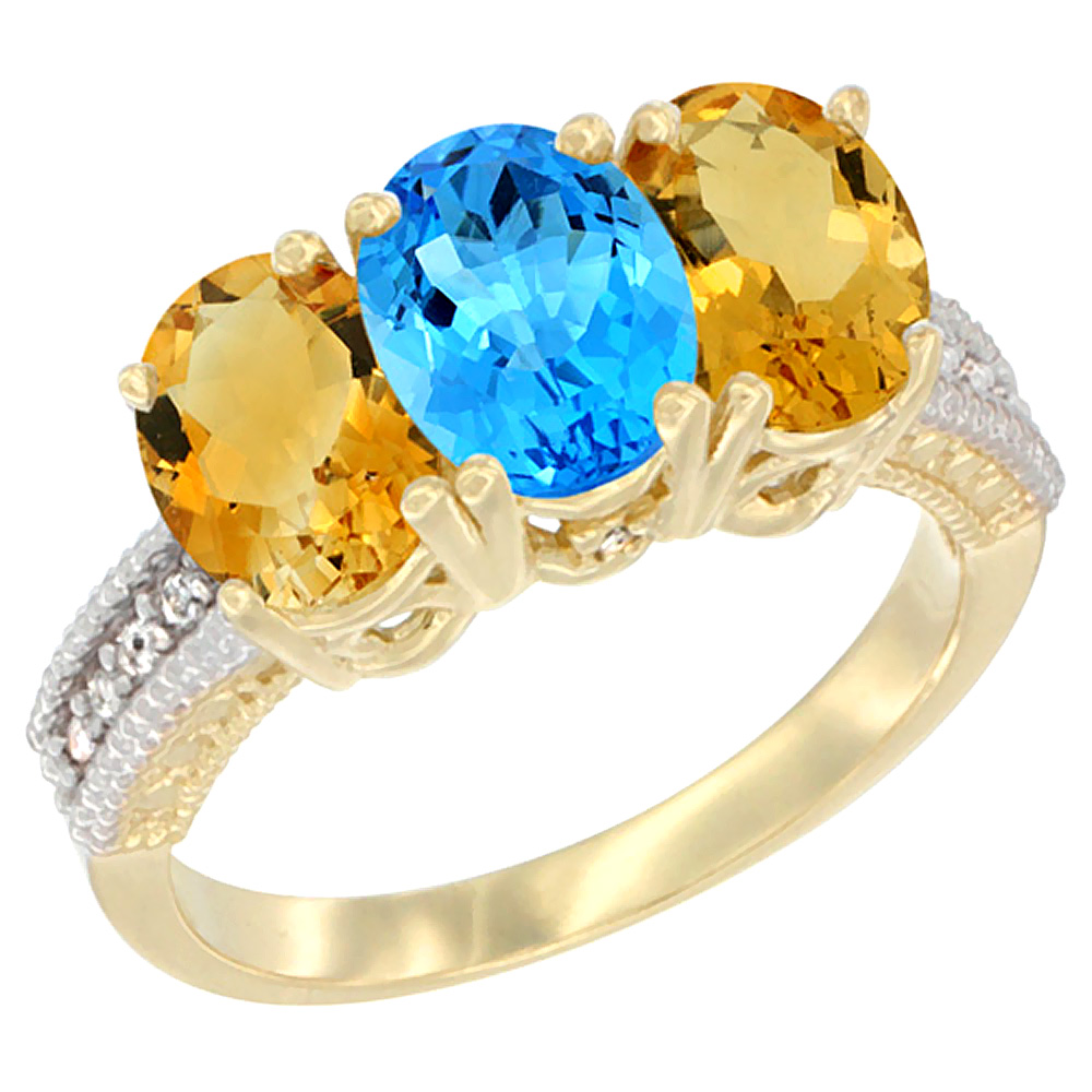 14K Yellow Gold Natural Swiss Blue Topaz & Citrine Sides Ring 3-Stone 7x5 mm Oval Diamond Accent, sizes 5 - 10