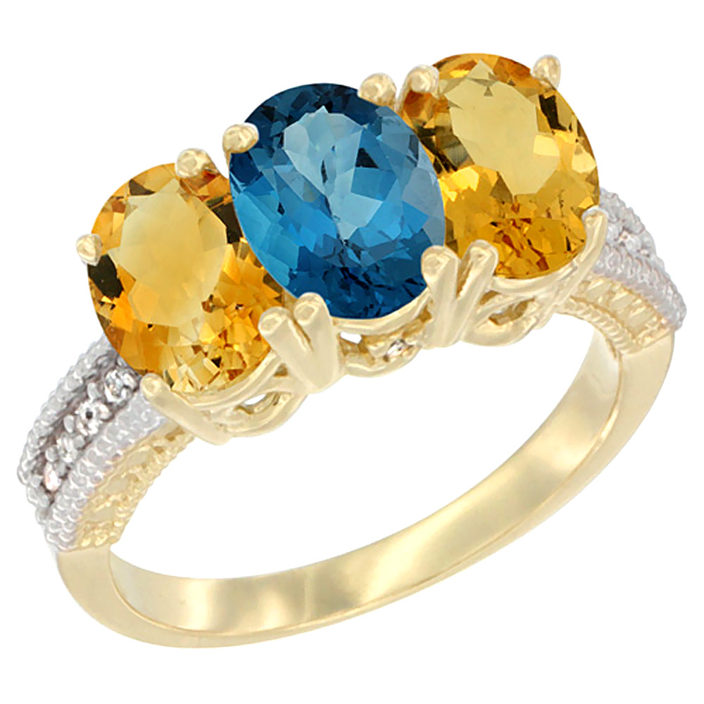 14K Yellow Gold Natural London Blue Topaz & Citrine Sides Ring 3-Stone 7x5 mm Oval Diamond Accent, sizes 5 - 10