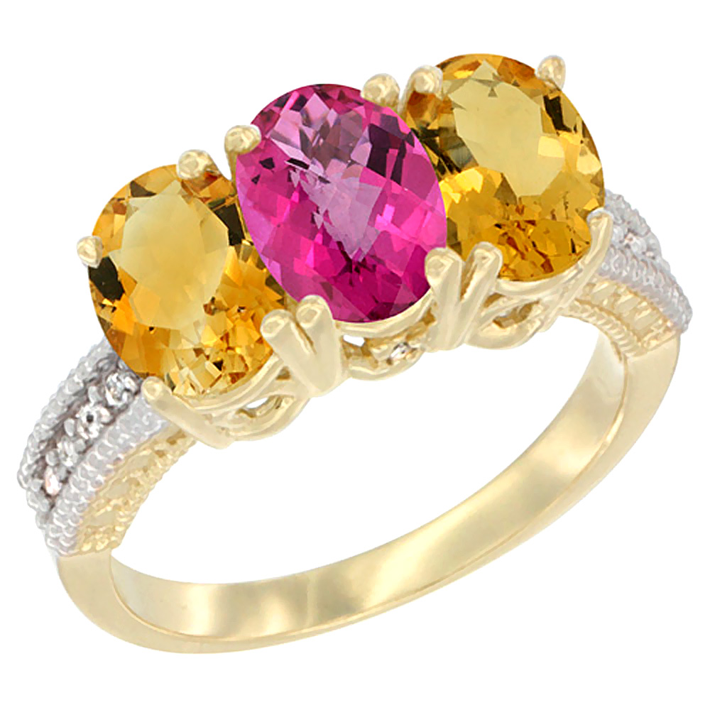 14K Yellow Gold Natural Pink Topaz & Citrine Sides Ring 3-Stone 7x5 mm Oval Diamond Accent, sizes 5 - 10