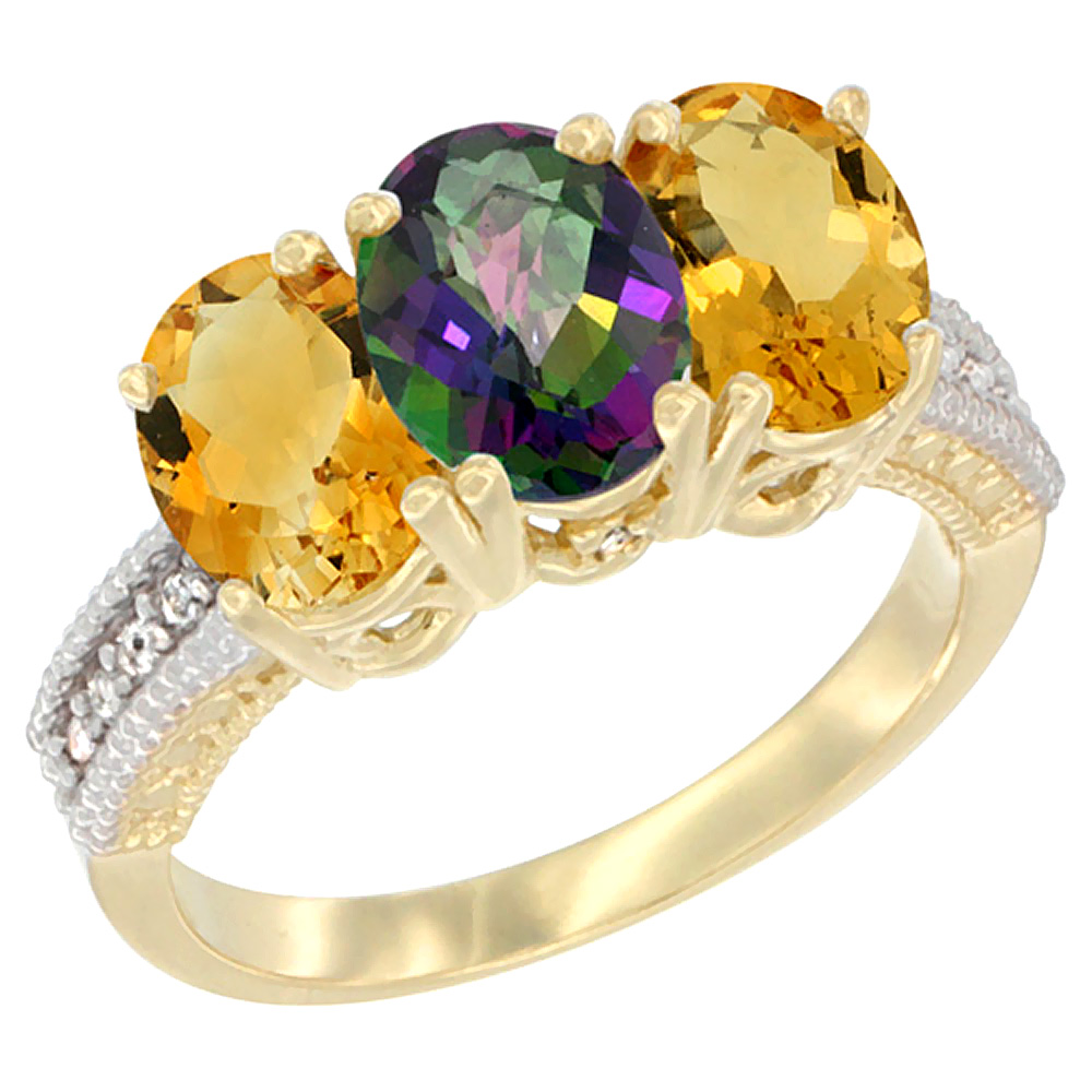 14K Yellow Gold Natural Mystic Topaz & Citrine Sides Ring 3-Stone 7x5 mm Oval Diamond Accent, sizes 5 - 10