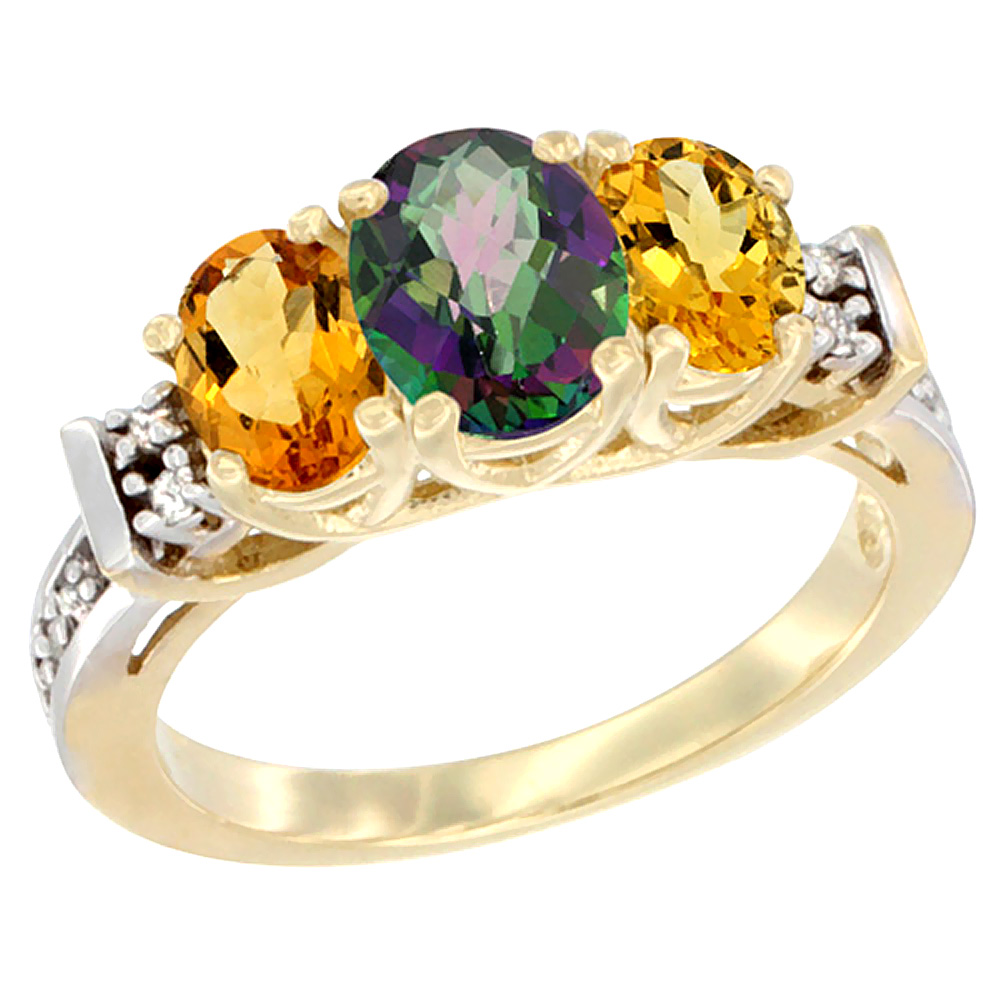 14K Yellow Gold Natural Mystic Topaz & Citrine Ring 3-Stone Oval Diamond Accent