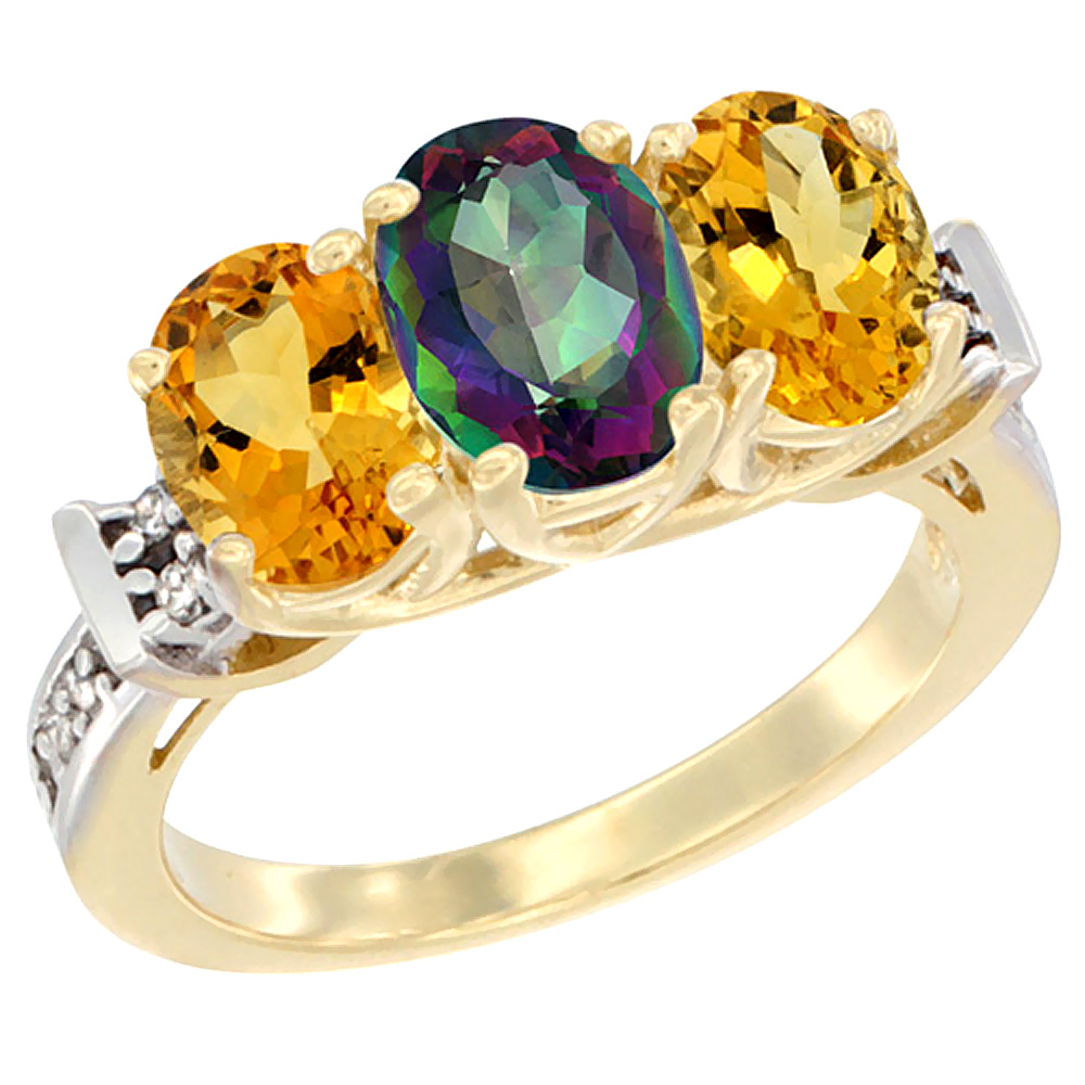 14K Yellow Gold Natural Mystic Topaz &amp; Citrine Sides Ring 3-Stone Oval Diamond Accent, sizes 5 - 10