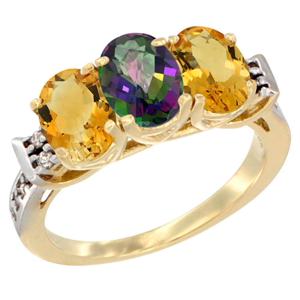 14K Yellow Gold Natural Mystic Topaz &amp; Citrine Sides Ring 3-Stone 7x5 mm Oval Diamond Accent, sizes 5 - 10