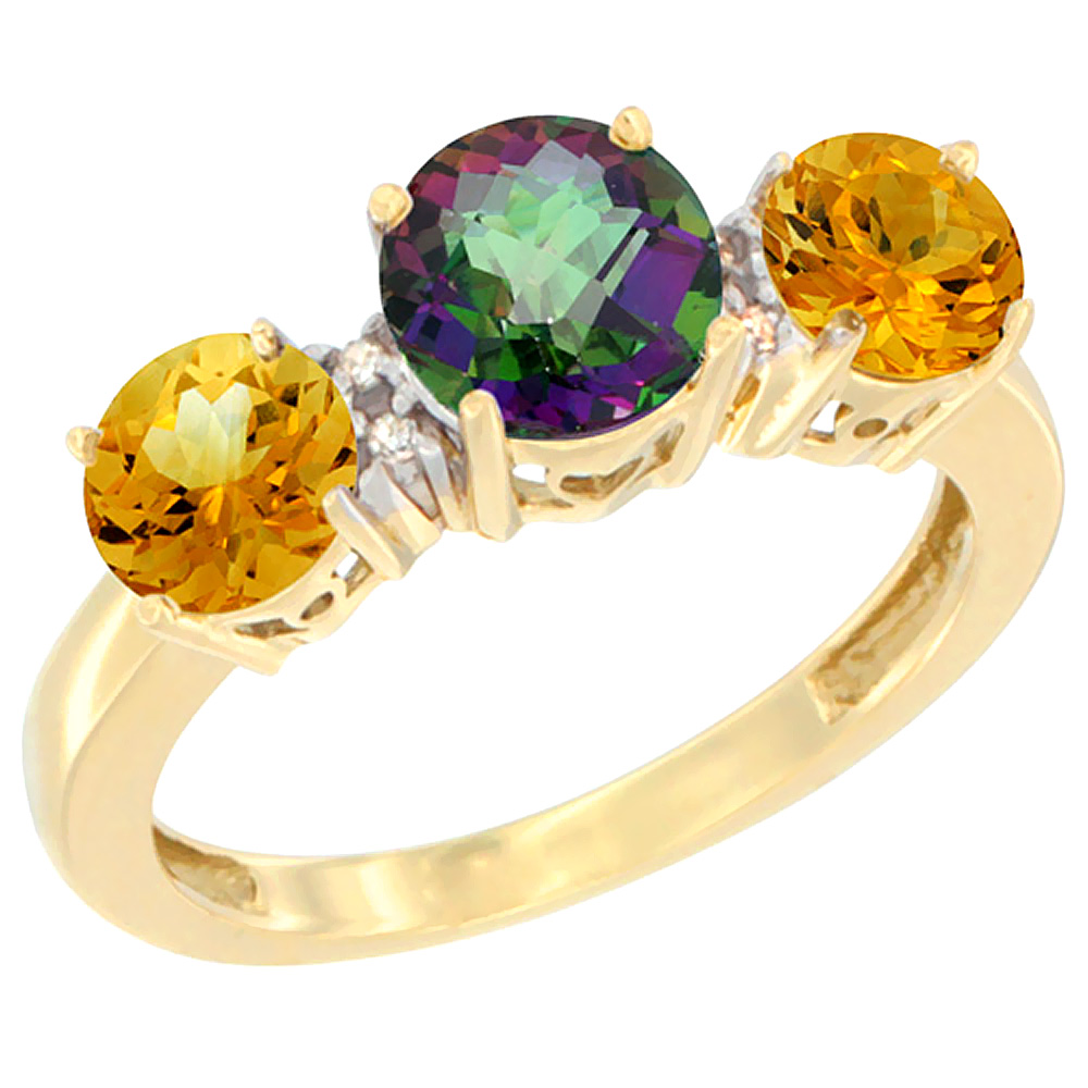 10K Yellow Gold Round 3-Stone Natural Mystic Topaz Ring & Citrine Sides Diamond Accent, sizes 5 - 10