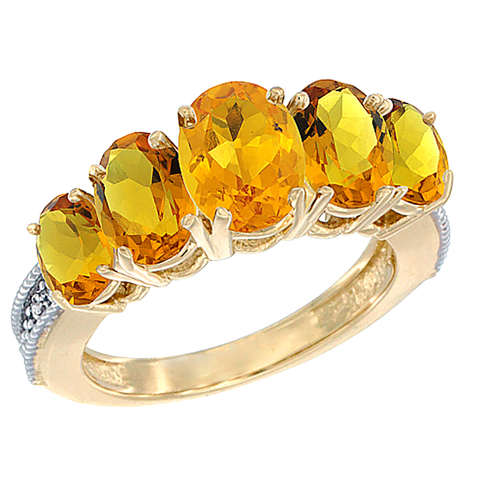 10K Yellow Gold Diamond Natural Citrine Ring 5-stone Oval 8x6 Ctr,7x5,6x4 sides, sizes 5 - 10