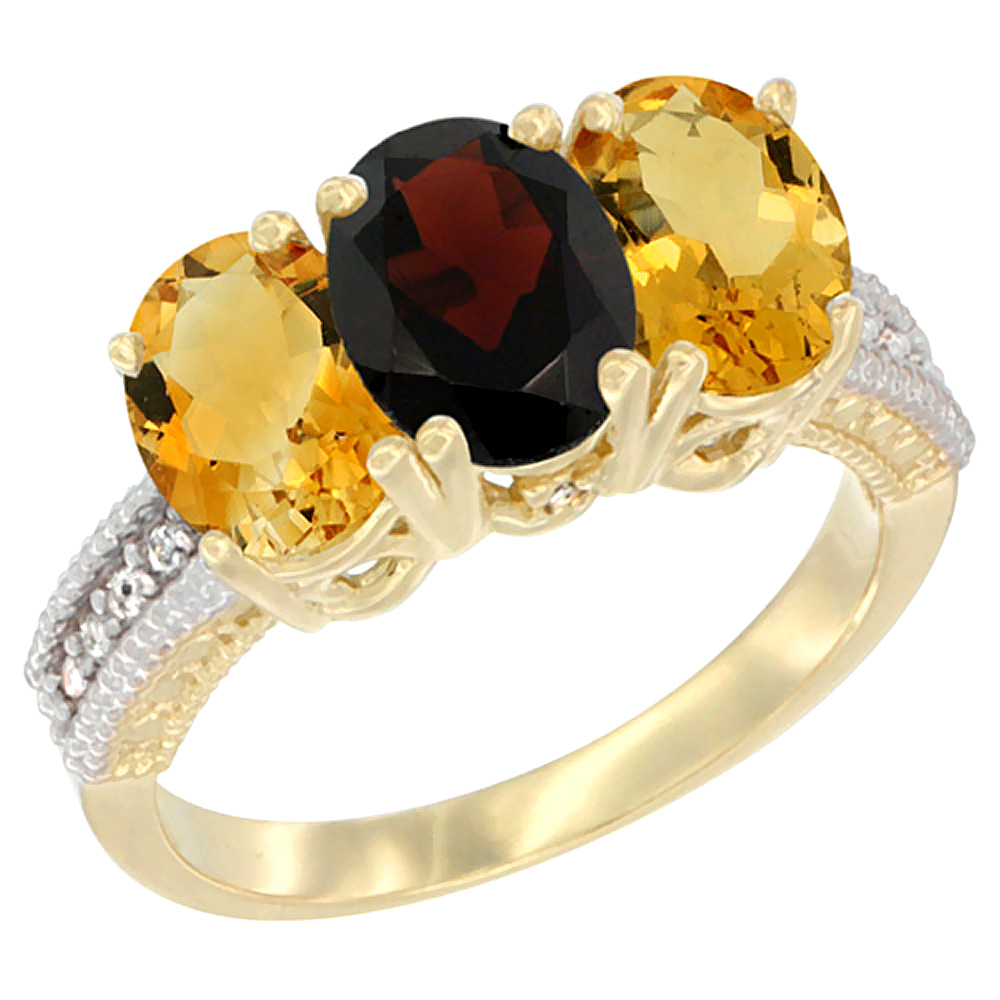 14K Yellow Gold Natural Garnet & Citrine Sides Ring 3-Stone 7x5 mm Oval Diamond Accent, sizes 5 - 10