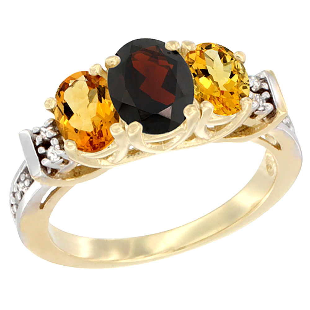 14K Yellow Gold Natural Garnet &amp; Citrine Ring 3-Stone Oval Diamond Accent