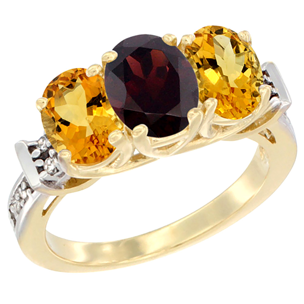 10K Yellow Gold Natural Garnet & Citrine Sides Ring 3-Stone Oval Diamond Accent, sizes 5 - 10