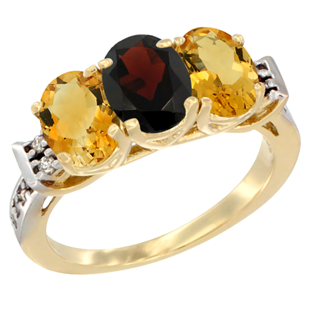 14K Yellow Gold Natural Garnet & Citrine Sides Ring 3-Stone 7x5 mm Oval Diamond Accent, sizes 5 - 10