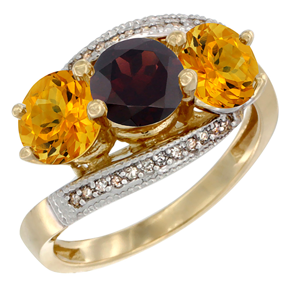14K Yellow Gold Natural Garnet & Citrine Sides 3 stone Ring Round 6mm Diamond Accent, sizes 5 - 10