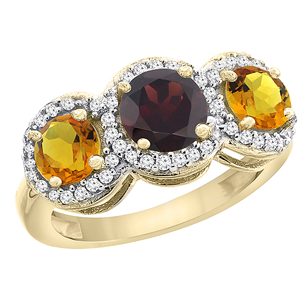 14K Yellow Gold Natural Garnet &amp; Citrine Sides Round 3-stone Ring Diamond Accents, sizes 5 - 10