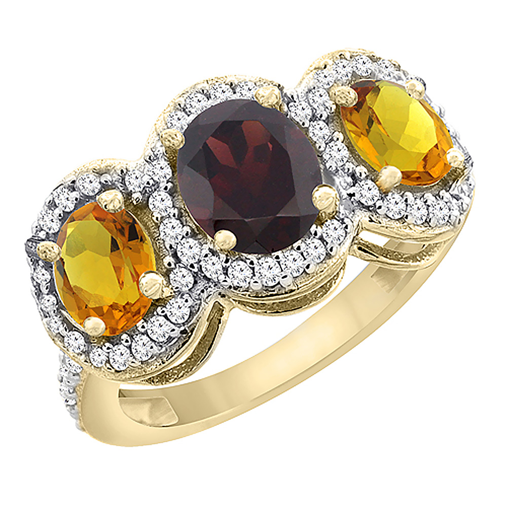 14K Yellow Gold Natural Garnet &amp; Citrine 3-Stone Ring Oval Diamond Accent, sizes 5 - 10
