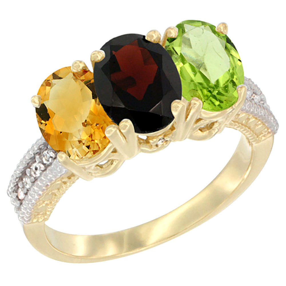 10K Yellow Gold Diamond Natural Citrine, Garnet & Peridot Ring 3-Stone 7x5 mm Oval, sizes 5 - 10