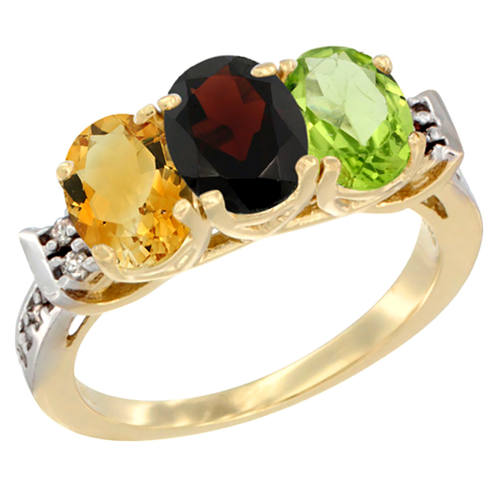 14K Yellow Gold Natural Citrine, Garnet & Peridot Ring 3-Stone 7x5 mm Oval Diamond Accent, sizes 5 - 10