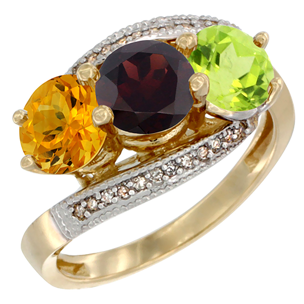 14K Yellow Gold Natural Citrine, Garnet & Peridot 3 stone Ring Round 6mm Diamond Accent, sizes 5 - 10