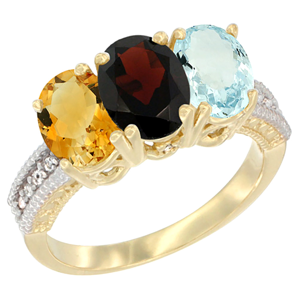 10K Yellow Gold Diamond Natural Citrine, Garnet & Aquamarine Ring 3-Stone 7x5 mm Oval, sizes 5 - 10