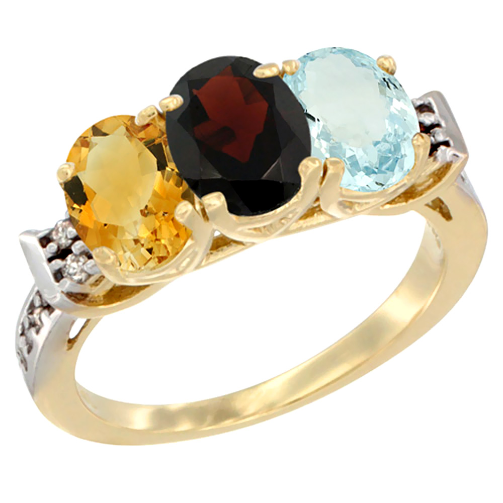 10K Yellow Gold Natural Citrine, Garnet & Aquamarine Ring 3-Stone Oval 7x5 mm Diamond Accent, sizes 5 - 10