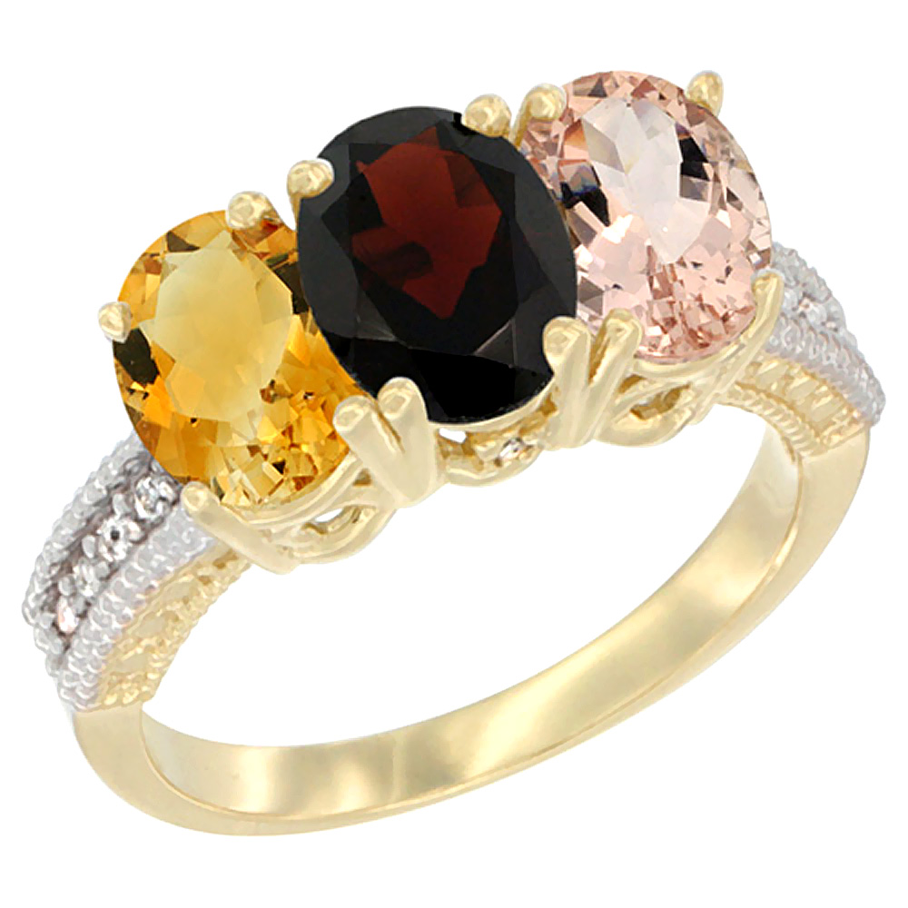 14K Yellow Gold Natural Citrine, Garnet & Morganite Ring 3-Stone 7x5 mm Oval Diamond Accent, sizes 5 - 10