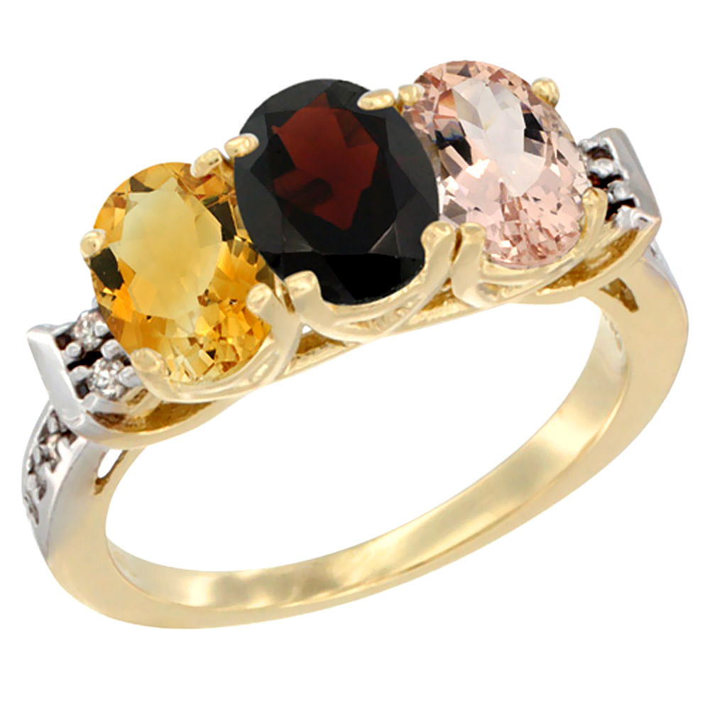 14K Yellow Gold Natural Citrine, Garnet &amp; Morganite Ring 3-Stone 7x5 mm Oval Diamond Accent, sizes 5 - 10