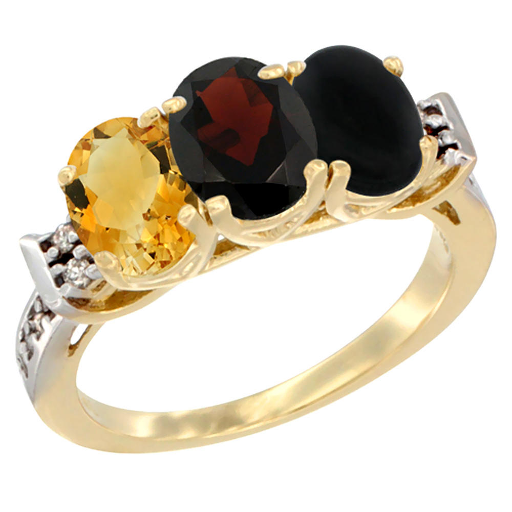 10K Yellow Gold Natural Citrine, Garnet & Black Onyx Ring 3-Stone Oval 7x5 mm Diamond Accent, sizes 5 - 10